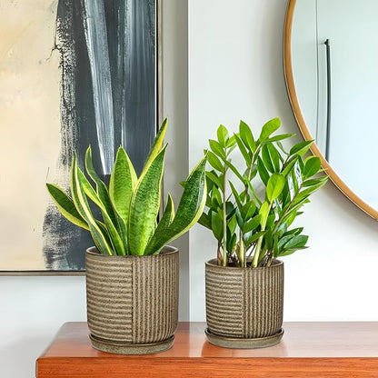 Oairse Ceramic Pots for Indoor Plants, 6.1 +4.9 inch Pots for Plants Set of 2 Brown Plant Pots with Drainage Holes and Saucers Texture Ceramic Planters Indoor Outdoor Flower Pot for Succulent