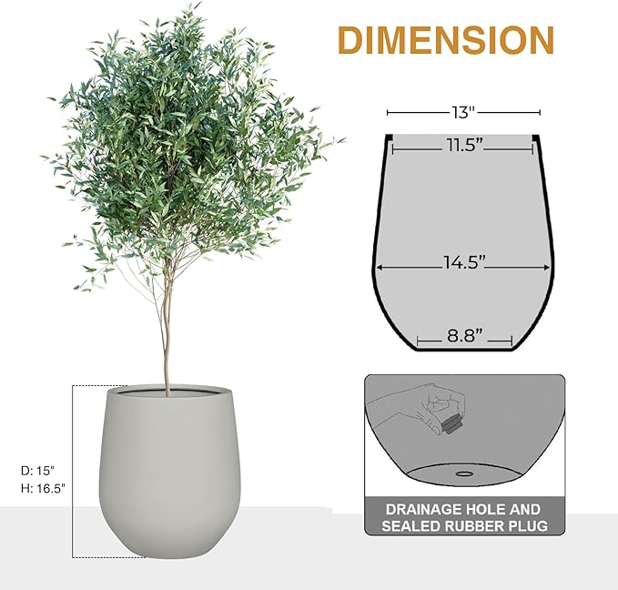 16.5" H x 15" D Corso Fiberstone Round Tapered Planter with Drainage Hole, Smooth Finishes, Weather Resistant, Included 2 Extra Coco Mats (Light French Gray, 11.5" Pot Opening)