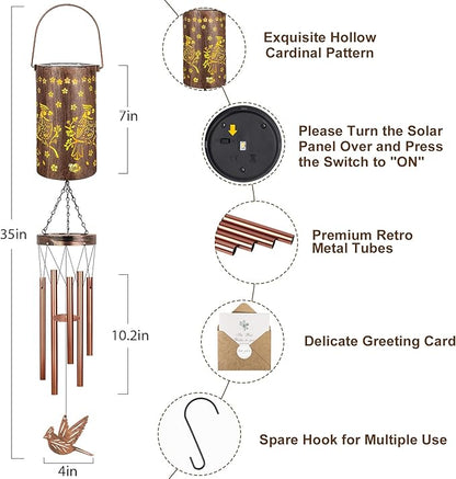 YHmall Cardinal Wind Chimes for Outside, Solar Hanging Lights Windchimes Outdoor Cardinal Gifts for Women, Mom, Memorial Wind Chimes Garden Decor as Gifts for Women