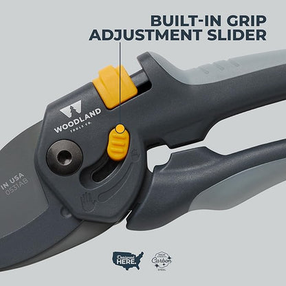Woodland Tools Co. Heavy Duty Anvil Pruning Shears – 5/8" Cut Capacity, High Carbon Steel Blade, Internal Spring, Adjustable Grip Slider, Garden Pruner for Dry Branches, Stems, and Dead Growth