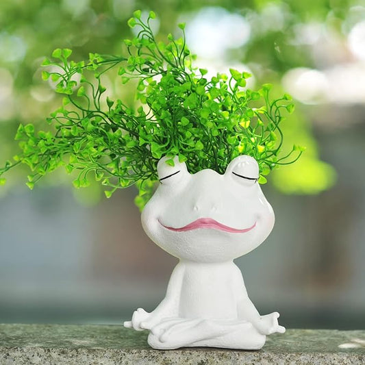 Face Planters Pots Head Yoga Frog Resin Plant Pot with Drainage Hole(White-A)