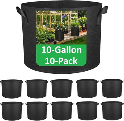 10-Gallon Grow Bags, (10 Pack) Thickened Aeration Fabric Growing Pots Planters with Handles for Planting Vegetables Plants, Black