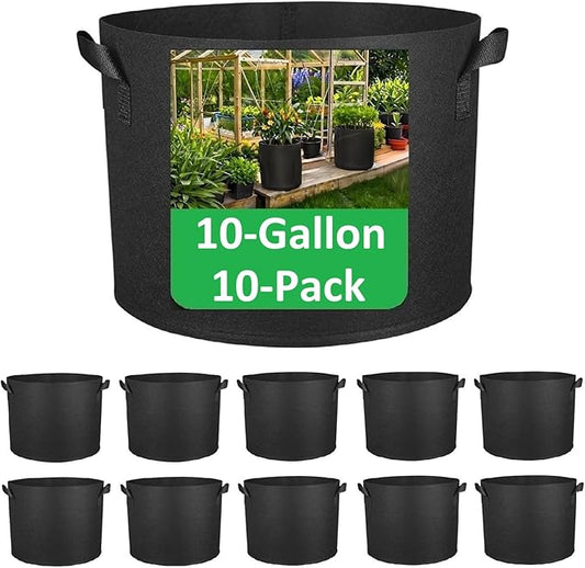 10-Gallon Grow Bags, (10 Pack) Thickened Aeration Fabric Growing Pots Planters with Handles for Planting Vegetables Plants, Black