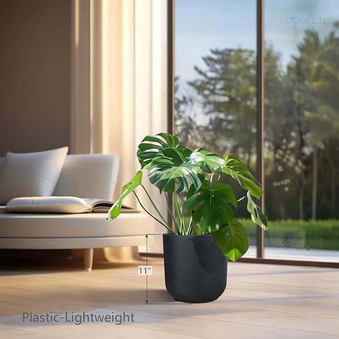 11 Inch Modern Cylinder Planter, Lightweight Weather & UV Resistant Plastic Plant Pot with Drainage Hole & Rubber Plug, Indoor Outdoor Flower Pot for Home, Garden & Office, Fits Monstera, Coal Black