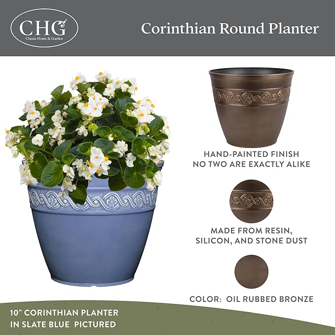 Classic Home and Garden Corinthian Resin Planter Pot - Outdoor & Indoor Plant Pot - Round Planter for Plants & Flowers (16" Oil Rubbed Bronze, Pack of 1)