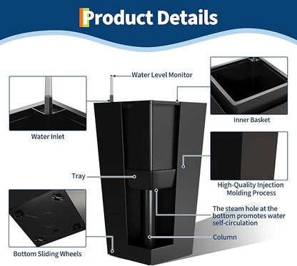 Garvee 30" Tall Planters Set of 2, Outdoor＆Indoor Black Planter Pots, High Front Porch Planter Pots with Drainage Holes＆Water Level Monitor＆Inner Bucket,Black
