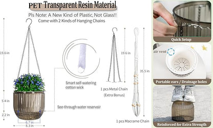 Melphoe Self Watering Hanging Planters for Indoor, 1 Pack 8.3 Inch Outdoor Hanging Plant Pot Basket, 2 Kinds of Plant Hangers Macrame 35.5’’ & Metal Chain 19.6’’ for Garden Home Decor