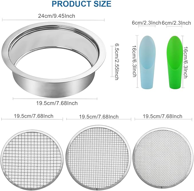 Soil Sifter for Gardening Stainless Steel With1/8in, 1/4in, 3/8in Sieve Mesh,Rock Sifter Garden Sieve for Rocks,Dirt Sifter for 3 Gallon Bucket Strainer Filter Compost Bonsai Pellet