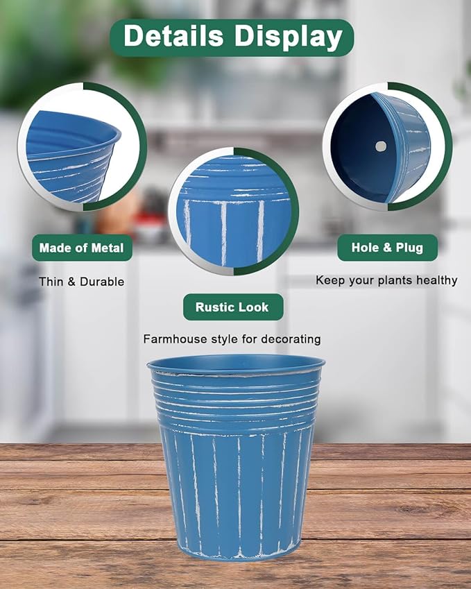 6 Inch Steel Blue Metal Rustic Flower Pots - 6Pcs Galvanized Planters with Drainage Hole and Rubber Plug, Rustproof Metal Bucket Plant Pots Farmhouse Vintage Style for Decor
