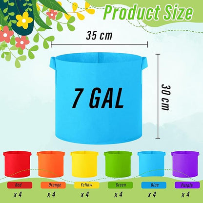 24 Pcs Multicolor Plant Grow Bags Large Grow Bags Fabric Planter Thickened Non Woven Fabric Pots with Handles for Indoor Outdoor Garden Planting Seeds Flower, 6 Colors (7 Gallon)