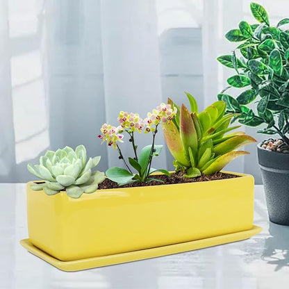 Vencer 14 Inch Rectangular Modern Minimalist Ceramic Succulent Planter Pot - Window Box with Saucer,Office Desktop Potted Stand,Yellow,VF-0173Y
