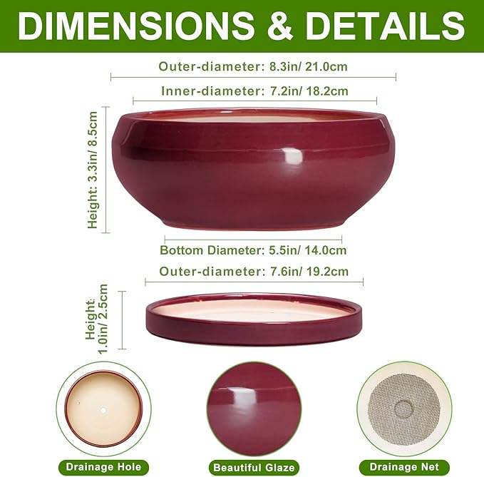 Succulent Pots - 8 Inch Bonsai Pots for Indoor Outdoor, Shallow Ceramic Planter with Drainage Hole and Saucer, Round Flower Succulent Planters, Apartment Decor, Gardening Gift, Wine Red