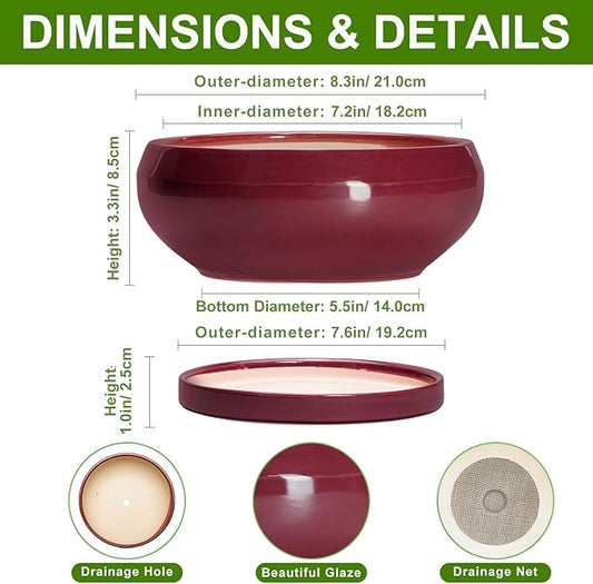 Succulent Pots - 8 Inch Bonsai Pots for Indoor Outdoor, Shallow Ceramic Planter with Drainage Hole and Saucer, Round Flower Succulent Planters, Apartment Decor, Gardening Gift, Wine Red