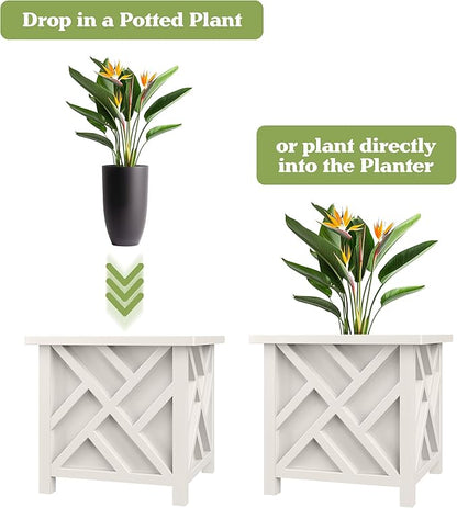 Lattice Design Outdoor Planter Box - 15.5” Square White Plant Pot - Decorative Plant Pots for Front Porch Decor - Flower Pots Outdoor Planters for Porch Patio or Garden Decor by Pure Garden
