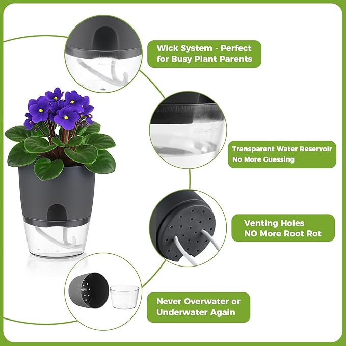 Planterhoma 8 Pack Self Watering Pots for Indoor Plants, 4 Inch Plant Pot Plastic Self Watering Planter for Orchid, African Violet, Small Clear Flower Pots with Drainage Holes and Wicking Rope, Grey