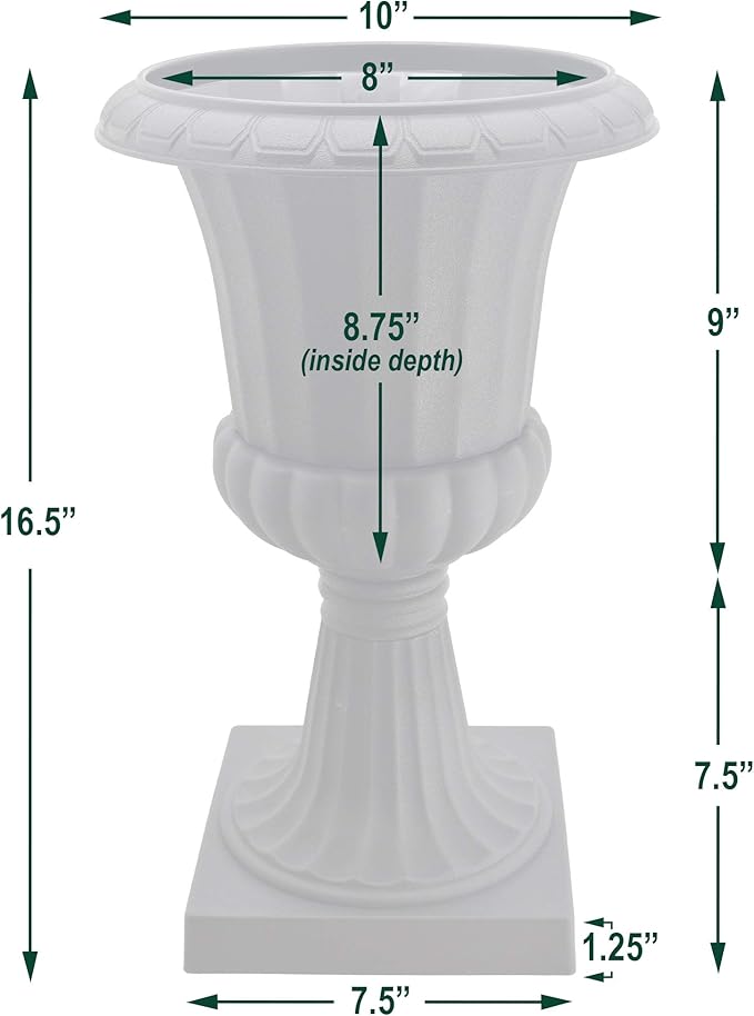 Arcadia Garden Products Plastic Garden Pedestal Urn, Set of 2 Classic Decorative Garden Pot Planter for Indoor and Outdoor Plants, 10” x 17”, Black