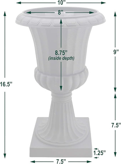 Arcadia Garden Products Plastic Garden Pedestal Urn, Set of 2 Classic Decorative Garden Pot Planter for Indoor and Outdoor Plants, 10” x 17”, Black