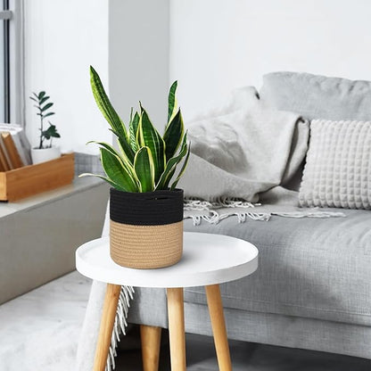 Wicker Plant Basket Indoor, 8"x8"x8" Jute Spliced Cotton Rope Basket Planter up to 7" Pot, Modern Woven Flower Tree Pots Cover, Small Floor Indoor Planters, Home Decor Storage Bin