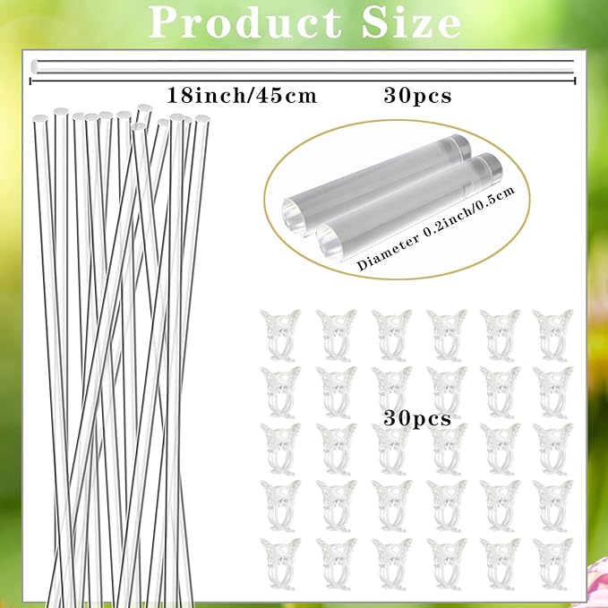 30pcs17.8in Acrylic Plant Stakes Reusable Plant Stick 30pcs Clear Plant Support Stakes with 30 Clips Garden Single Stem Orchid Stakes Potted Plant Support Sticks for Indoor and Outdoor Plants Flowers