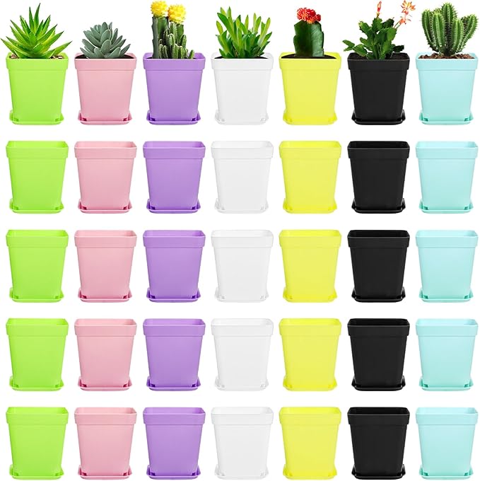 Hedume 70 Pack Mini Plastic Flower Seedling Nursery Pot with Pallet, 3" Colorful Square Plant Pot, Indoor Outdoor Flower Plant Container, Decor for Room, Garden, Office and Balcony (7 Colors)