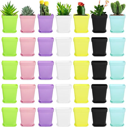 Hedume 70 Pack Mini Plastic Flower Seedling Nursery Pot with Pallet, 3" Colorful Square Plant Pot, Indoor Outdoor Flower Plant Container, Decor for Room, Garden, Office and Balcony (7 Colors)