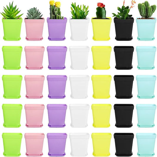 Hedume 70 Pack Mini Plastic Flower Seedling Nursery Pot with Pallet, 3" Colorful Square Plant Pot, Indoor Outdoor Flower Plant Container, Decor for Room, Garden, Office and Balcony (7 Colors)