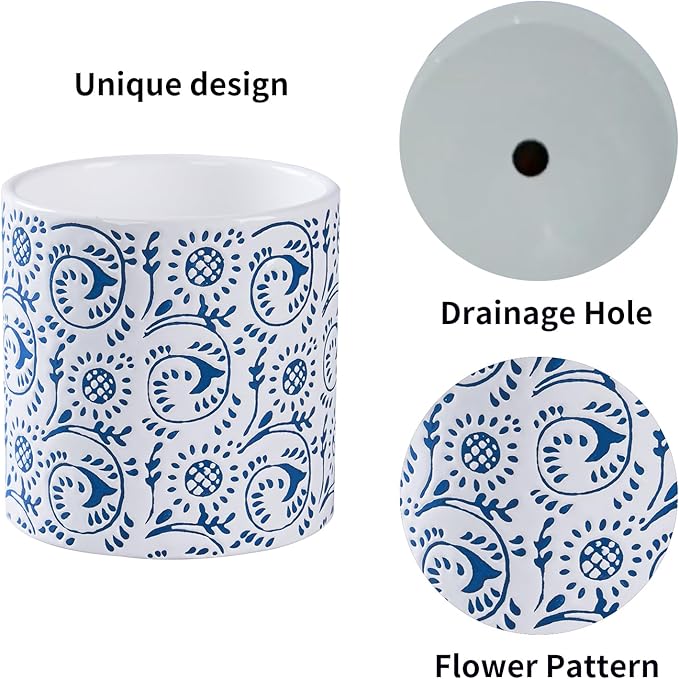 Blue and White Ceramic Plant Pot for Indoor Plants, 6 Inch Boho Flower Pot with Drainage Holes, Modern Planter for Home & Office Decor