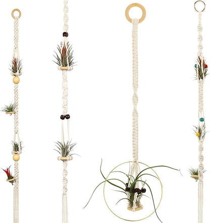 Tatuo 4 Pieces Hanging Air Plant Holders Boho Macrame Plant Hanger Fabric Woven Air Fern Display with 4 Pieces Hooks for Home Decoration Gift Idea