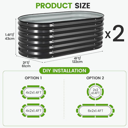 Galvanized Raised Garden Bed Outdoor |17'' Tall Planter Box Outdoor for Deep Root Plants | 2Pcs Raised Bed Kit for Gardening with Rubber Strip for Vegetables Flowers Fruits (Darkgrey, 4x2x1.4FT)