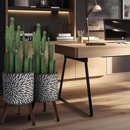 10 & 12 Inches Plant Pot with Stand Set of 2, Large Matte Gray Modern Planters for Indoor Outdoor Plants with Drainage Holes, Big Flower Pots with Wood Legs