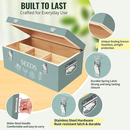 Large Bamboo Wood Seed Storage Organizer Box with Lid, Double-Layer Seal Design Seed Saving Box with 304 Stainless Steel Safety Lock, Handles, Extra Seed Envelopes and Labels, Great Gifts for Gardener