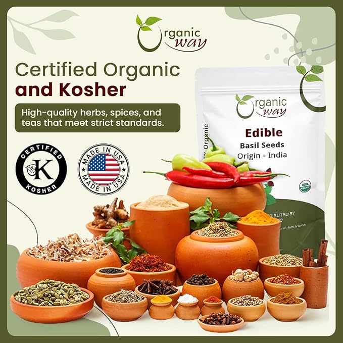 Organic Way Edible Basil Seeds | Organic & Kosher Certified | Sabja Seeds Rich in Fibers | Raw, Vegan, Non GMO & Gluten Free | USDA Certified | Origin - India (4 Ounce Pack)