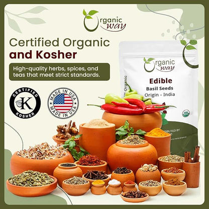 Organic Way Edible Basil Seeds | Organic & Kosher Certified | Sabja Seeds Rich in Fibers | Raw, Vegan, Non GMO & Gluten Free | USDA Certified | Origin - India (4 Ounce Pack)