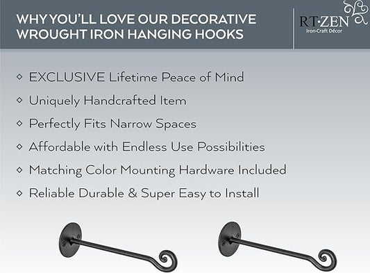 RTZEN Plant Hangers Indoor or Outdoor - Wrought Iron Metal Hanger Indoor Hook - Heavy Duty Wall Bracket Hooks for Hanging Plants Baskets Lanterns Wind Chimes - 2 Pack (Black Swirl Hooks)