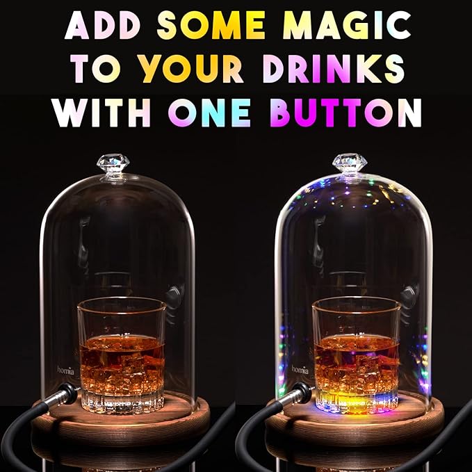 Smoking Gun Accessory LED lights Glass Dome 9" x 5.7" Lid Wooden Base - Glass Smoke infuser Cover Lid for Cocktail Smoker - Dome for Cold Smoke, Smoking Cloche for Drinks