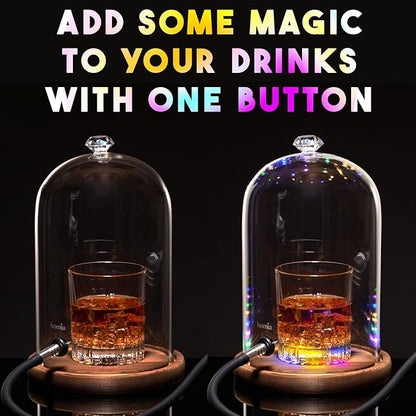 Smoking Gun Accessory LED lights Glass Dome 9" x 5.7" Lid Wooden Base - Glass Smoke infuser Cover Lid for Cocktail Smoker - Dome for Cold Smoke, Smoking Cloche for Drinks
