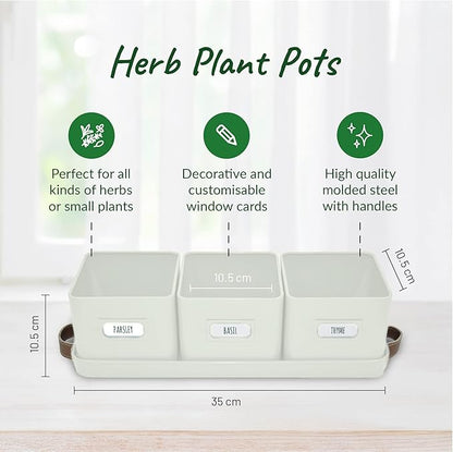 volila Herb Planter Indoor - Set of 3 Warmstone Indoor Herb Garden Pots for Plants with Leather Handled Tray - Window Sill Plant Shelf - Herb Pots with Drainage Holes and Labels