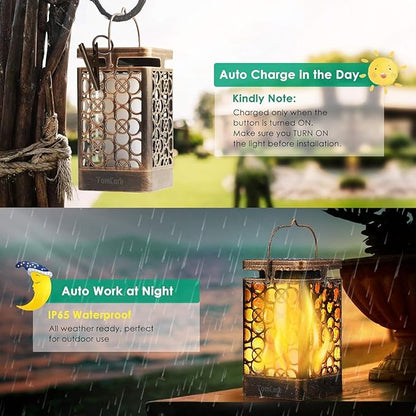 TomCare Solar Lights Upgraded Solar Lantern Flickering Flame Outdoor Hanging Lantern Decorative Lighting Solar Powered Waterproof LED Flame Umbrella Lights for Patio Garden Deck, 4 Pack(Bronze)