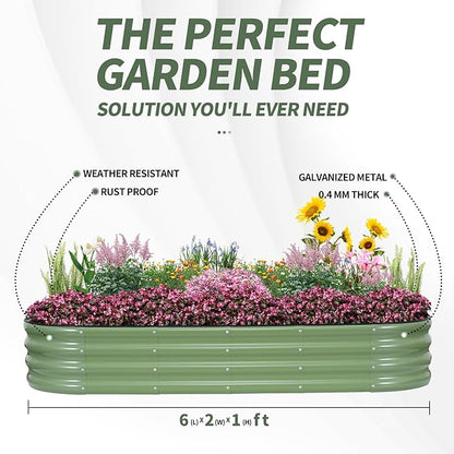 1MORE Galvanized Raised Garden Bed- Planter Garden Boxes Outdoor, Raised Beds for Gardening, 6x2x1ft Metal Garden Bed Kit for Vegetables Flower, Planter Raised Beds with Tools.Green