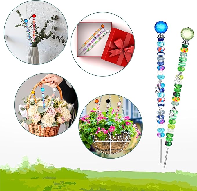 Tigeen 236 Pcs Garden Stake DIY Fairy Wand Plant Stake with 12 Colorful Crystal Stopper Top 12 Threaded Rod with 200 Large Hole Bead for Spring Summer Holiday Outdoor Decorations(Modern)