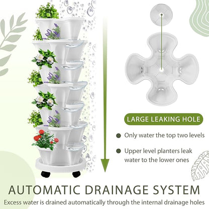 Umigy 2 Set of 7 Tier Vertical Planter Stackable Tower Planters Strawberry Herb Flower and Vegetable Pots Indoor Outdoor Gardening Pots with Removable Wheels and Tools(White,Classic)
