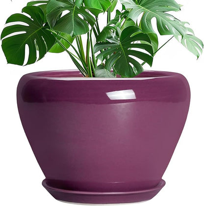 10 Inch Plant Pot - Ceramic Planter with Drainage Hole and Saucer, Round Modern Flower Pot for Indoor Outdoor Plants, Housewarming Gift, Home Garden Decor, Purple