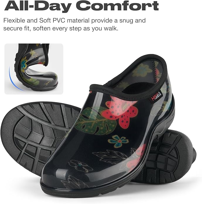 HISEA Waterproof Garden Shoe for Women Outdoor Slip-On Garden Clogs Rubber Rain Boots Short Ankle Booties Rain Shoes with Comfort Insole