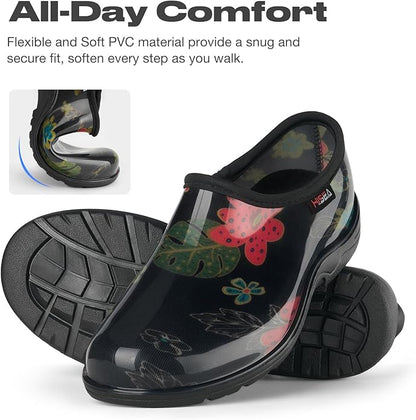 HISEA Waterproof Garden Shoe for Women Outdoor Slip-On Garden Clogs Rubber Rain Boots Short Ankle Booties Rain Shoes with Comfort Insole