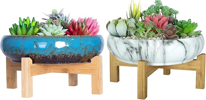 ARTKETTY 2 Pack Large Bonsai Pots with Drainage, Shallow Succulent Plant Pots with Stand, Ceramic Pots for Indoor Plants, Decorative Cactus Flower Planter Bowl