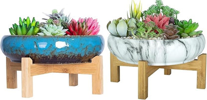 ARTKETTY 2 Pack Large Bonsai Pots with Drainage, Shallow Succulent Plant Pots with Stand, Ceramic Pots for Indoor Plants, Decorative Cactus Flower Planter Bowl