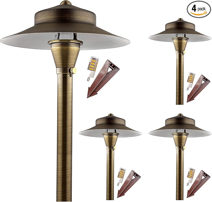 LED Low Voltage Pathway Lights 120- Solid Brass Outdoor Landscape Lights for Garden Pathway & Driveway Outdoor Lighting, 12V Landscape Lighting with Ground Stake & G4 LED Bulb (4 Pack Wide Top 8-1/2")