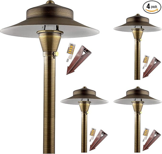 LED Low Voltage Pathway Lights 120- Solid Brass Outdoor Landscape Lights for Garden Pathway & Driveway Outdoor Lighting, 12V Landscape Lighting with Ground Stake & G4 LED Bulb (4 Pack Wide Top 8-1/2")