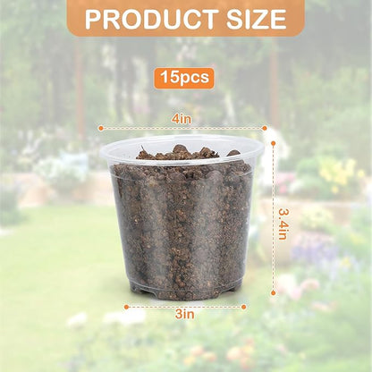 15 Pack Clear Nursery Pots with Drainage Holes, 4 Inch Seed Starting Plastic Plant Pots, Transparent Variety Pack Flexible Garden Pot for Outdoor Indoor (Clear, 4 Inch)