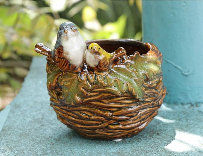 Handmade Ceramic Bird Nest Succulent Planter/Plant Pot Flower Pot Bonsai Home Garden Décor Birds Figurine 5" H